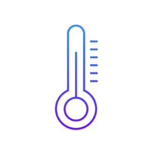 Chauffage et régulation thermique précise avec les solutions de domotique Home Intelligence Icône de thermomètre en style linéaire bleu, représentant la régulation de température précise et personnalisable dans les maisons connectées équipées par Home Intelligence.