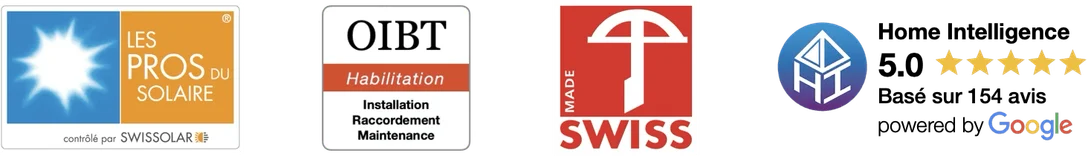 Certifications Les Pros du Solaire, OIBT, Membre Swissolar, Swiss Made - 5,0/5 Google