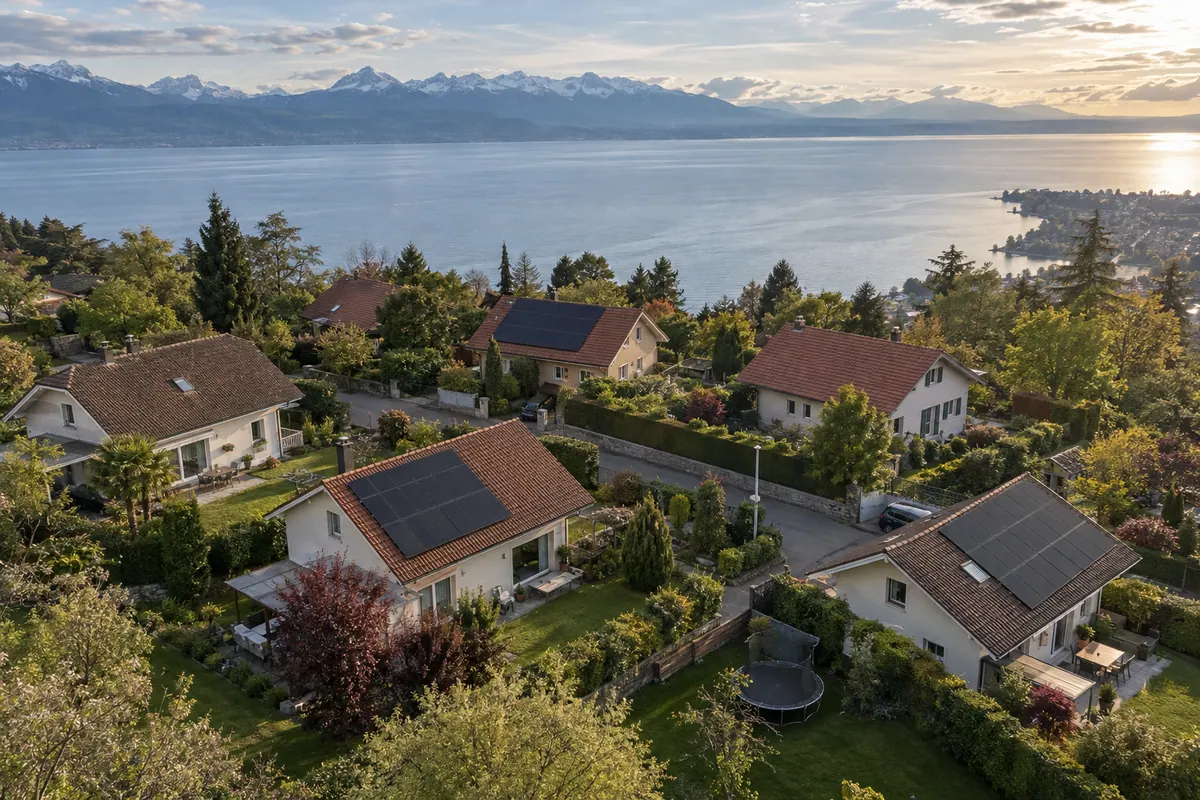Quartier résidentiel au-dessus du lac, maisons avec panneaux solaires, vue aérienne