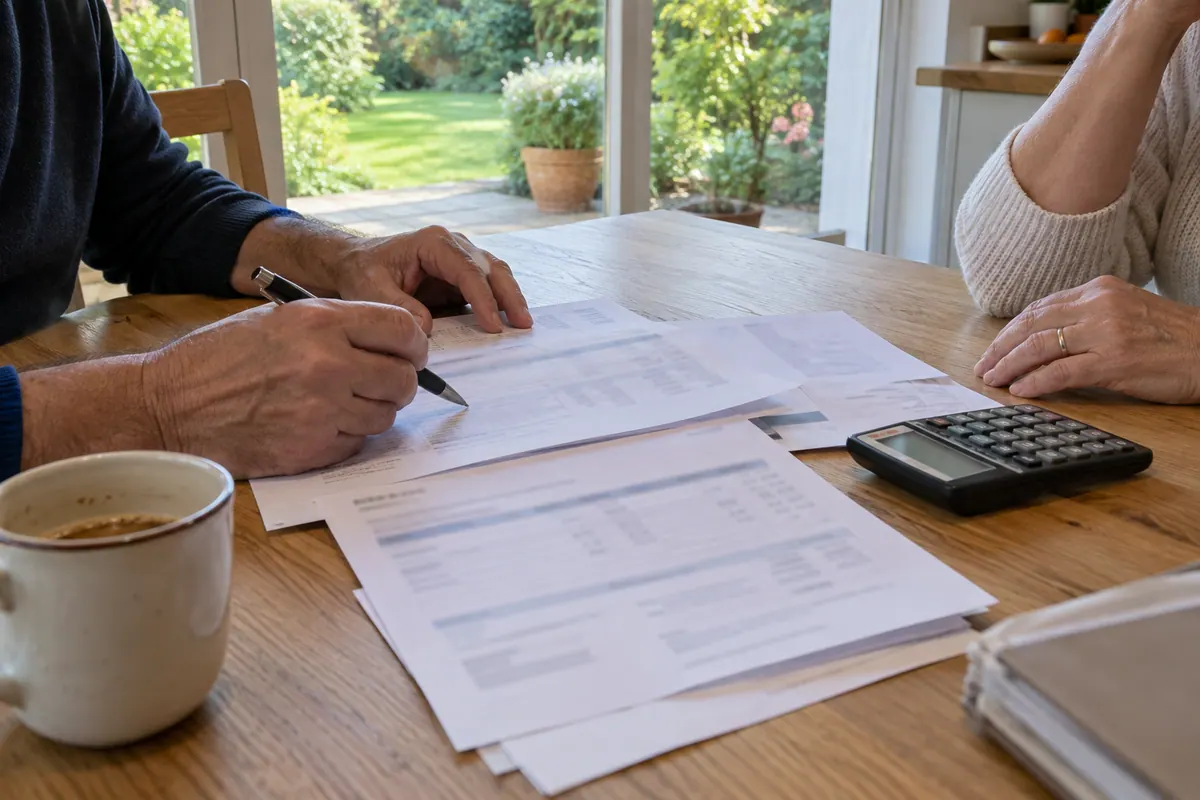 Main tenant un stylo au-dessus de documents chiffrés, calculatrice sur la table