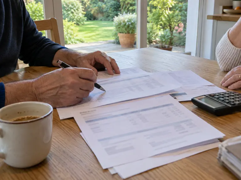 Devis solaire, calculatrice et mains sur une table de cuisine