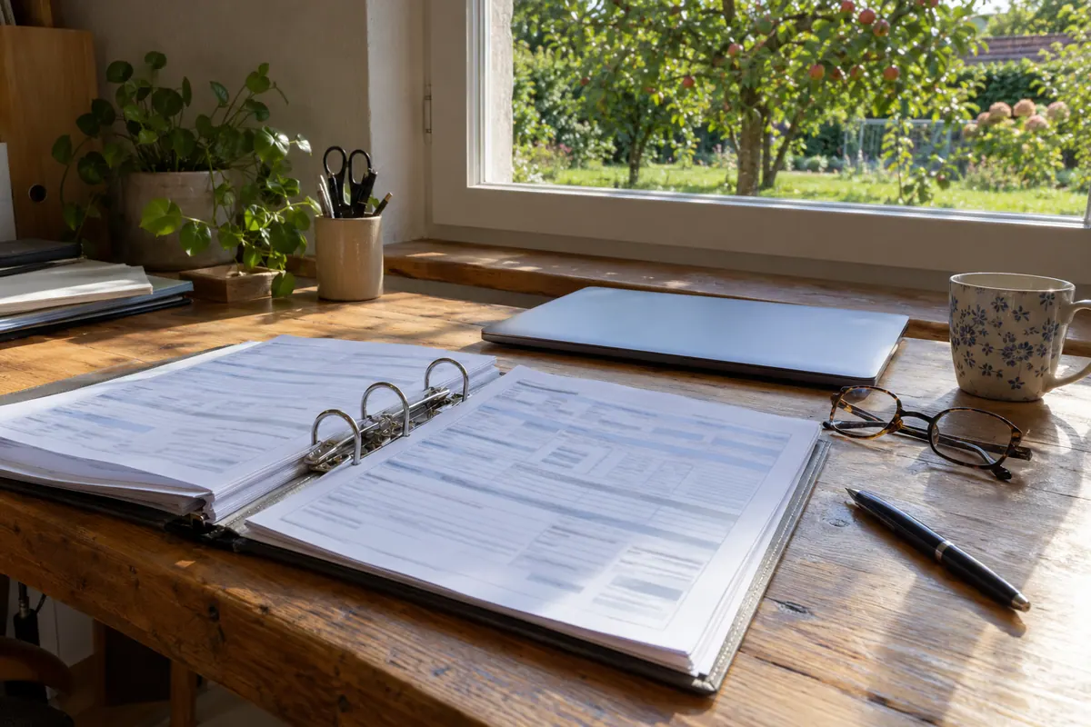 Classeur de documents administratifs ouvert sur un bureau, dossier de subvention solaire prêt à déposer en ligne