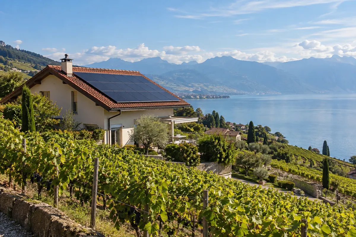 Toit de tuiles recouvert de panneaux solaires dans un village vaudois, dégagement complet sur le lac