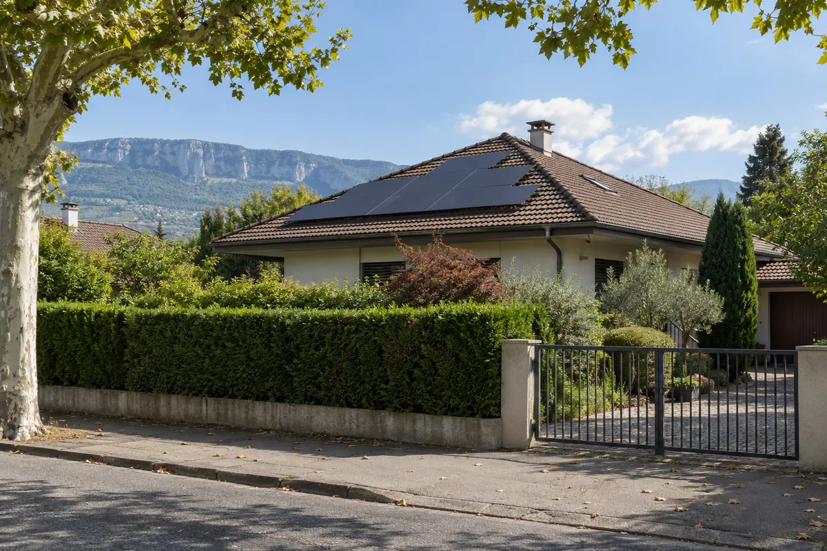 Quartier résidentiel genevois avec plusieurs toitures équipées de panneaux solaires noirs, lac Léman à l'arrière-plan