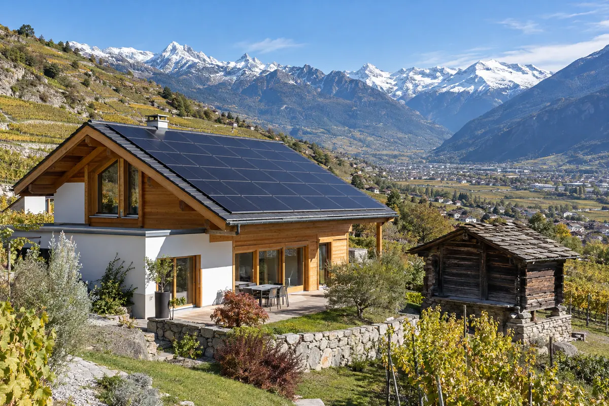 Toits de villas en Valais avec panneaux solaires, vallée alpestre et sommets enneigés au fond