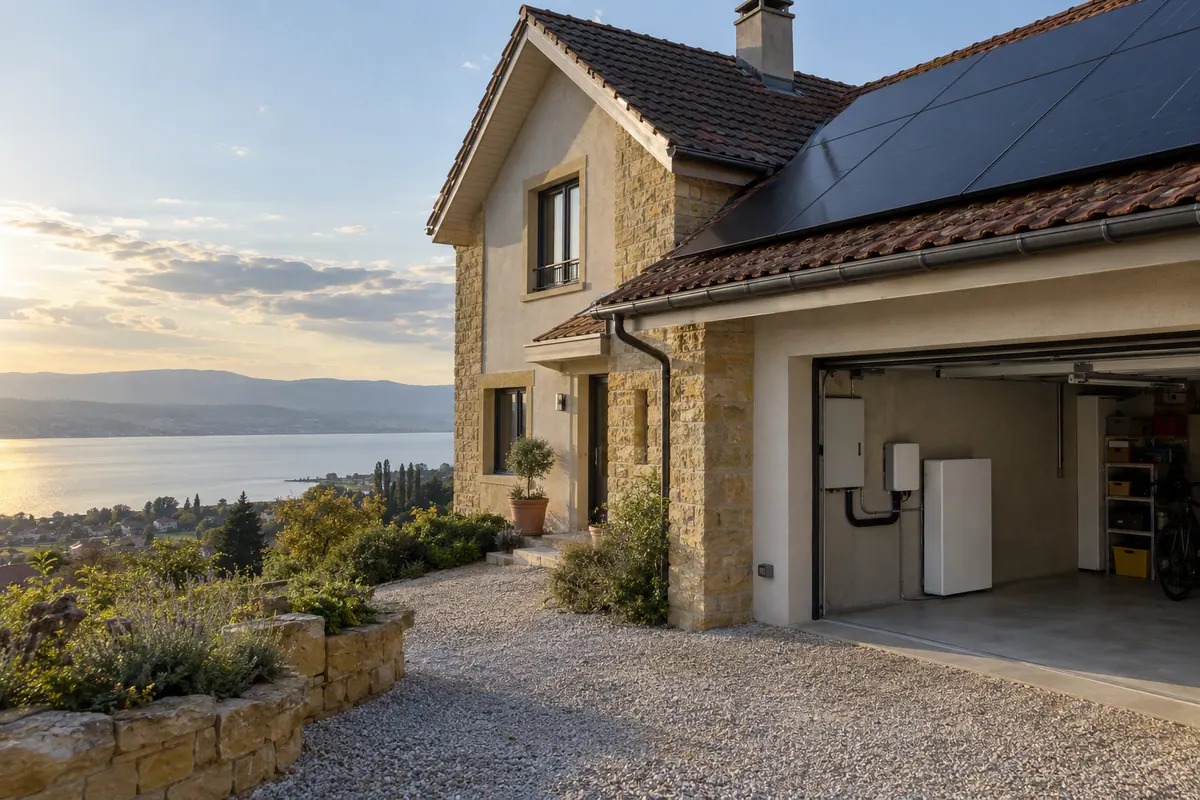 Maisons vigneronnes du Littoral neuchâtelois avec panneaux solaires en toiture, lac de Neuchâtel visible en contrebas