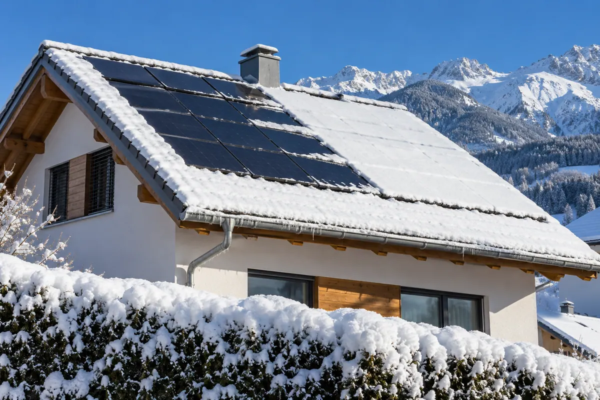 Maison enneigée avec panneaux solaires en toiture devant les Alpes