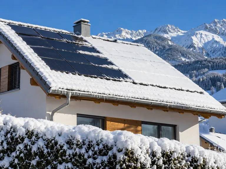 Toit équipé de panneaux solaires partiellement couverts de neige